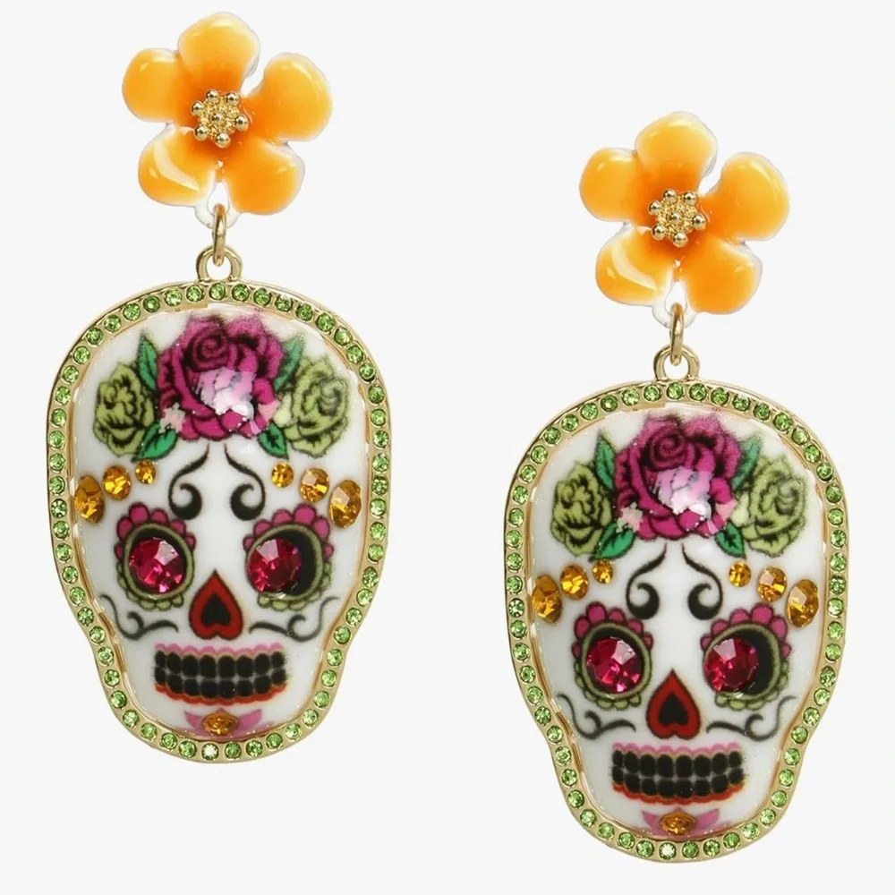 Betsey Johnson Floral Skull Drop Earrings